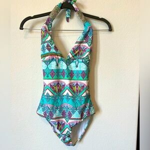 OndadeMar Aqua Multi-Print Halter One Piece Swimsuit with Metal Details XS New